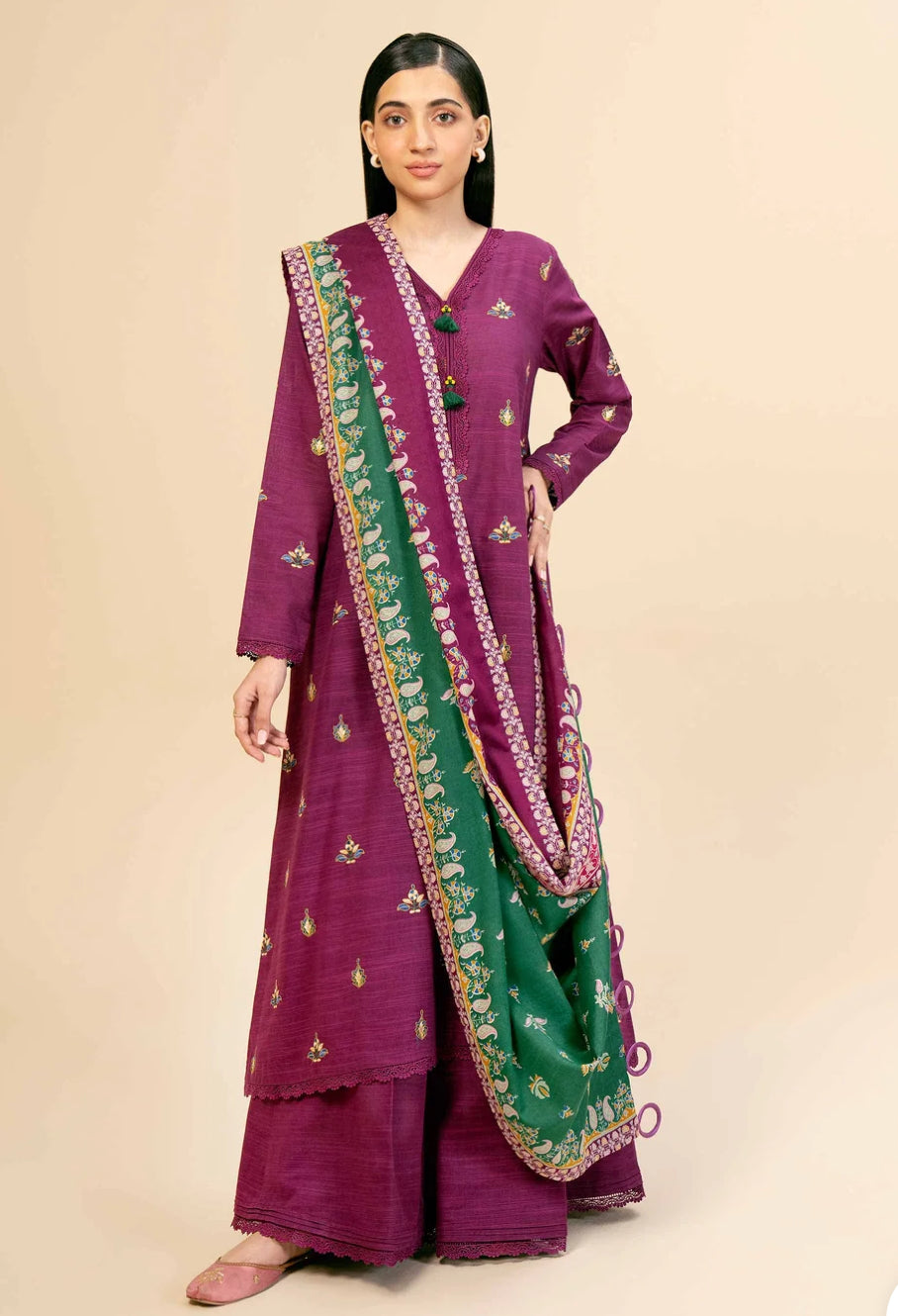 Unstitched 3 piece Embroidered suit